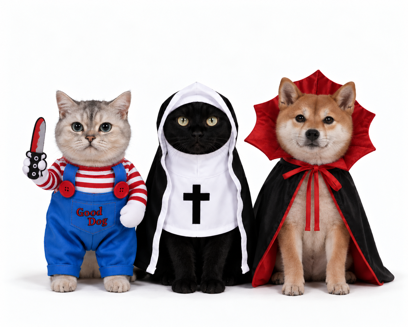 Nun, Serial Killer and Vampire Halloween pet costumes